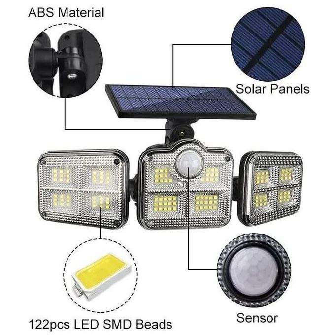 Solar Light Outdoor 120 LED Motion Sensor Lights with Remote Control 3 Heads Security LED Flood Lights 270° Wide Angle Illumination Wall Lights