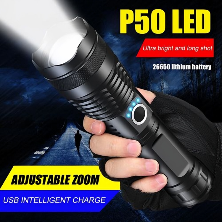P50 LED ORIGINAL TORCH ultra-bright 2000-lumen beam 10-hour runtime rechargeable 7800mAh PB 18650 3.7V battery zoomable light function outdoors p50 torch security p50 torch super bright
