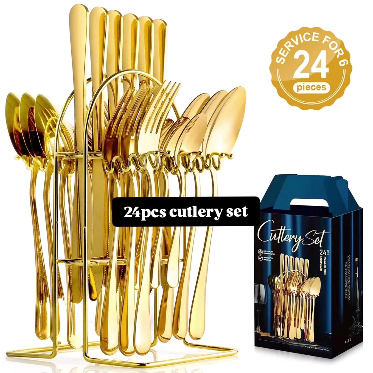 ORIGINAL 24-Piece Gold Stainless Steel Cutlery Set with Stand – Elegant Golden Spoon, Fork, and Knife Set for Dining, Kitchen, and Entertaining