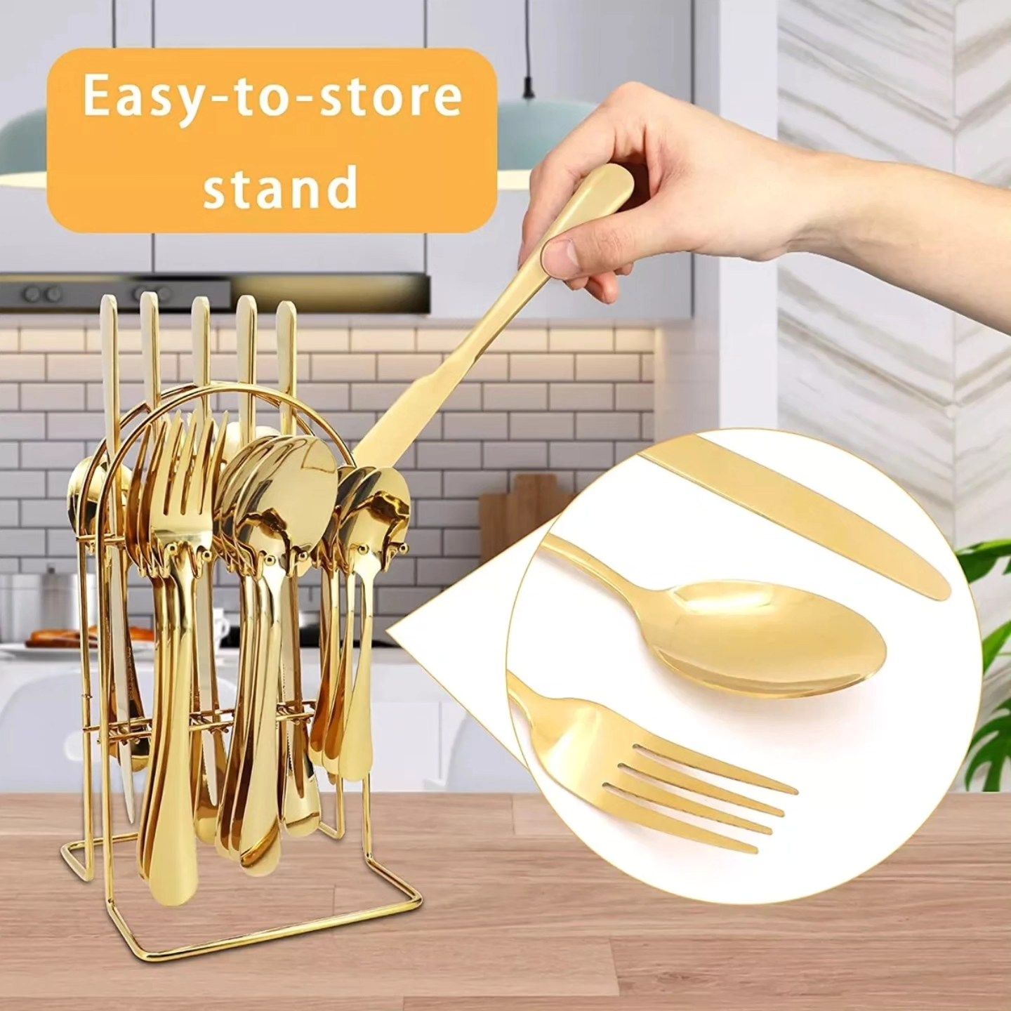 ORIGINAL 24-Piece Gold Stainless Steel Cutlery Set with Stand – Elegant Golden Spoon, Fork, and Knife Set for Dining, Kitchen, and Entertaining