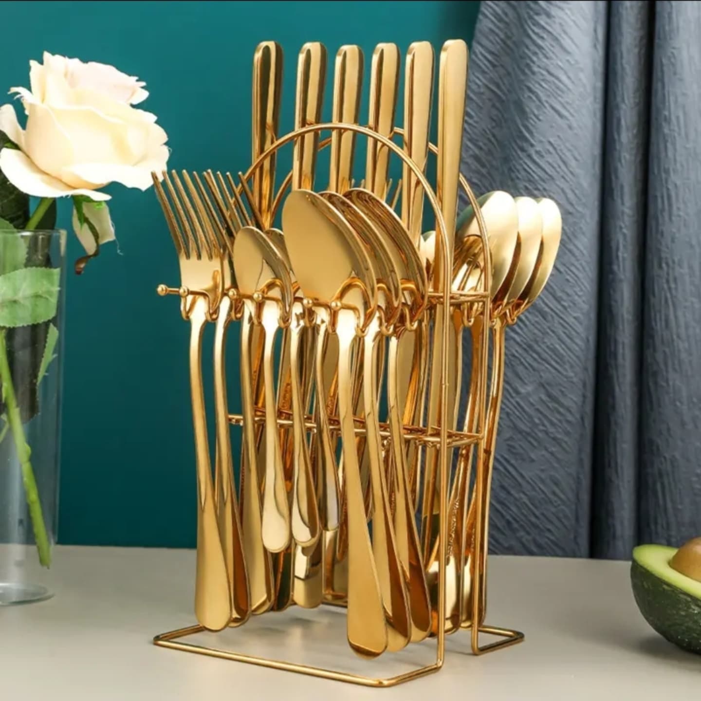 ORIGINAL 24-Piece Gold Stainless Steel Cutlery Set with Stand – Elegant Golden Spoon, Fork, and Knife Set for Dining, Kitchen, and Entertaining