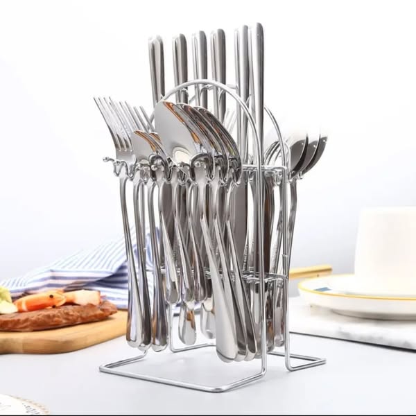 ORIGINAL 24-Piece Silver Stainless Steel Cutlery Set with Stand – Elegant Golden Spoon, Fork, and Knife Set for Dining, Kitchen, and Entertaining