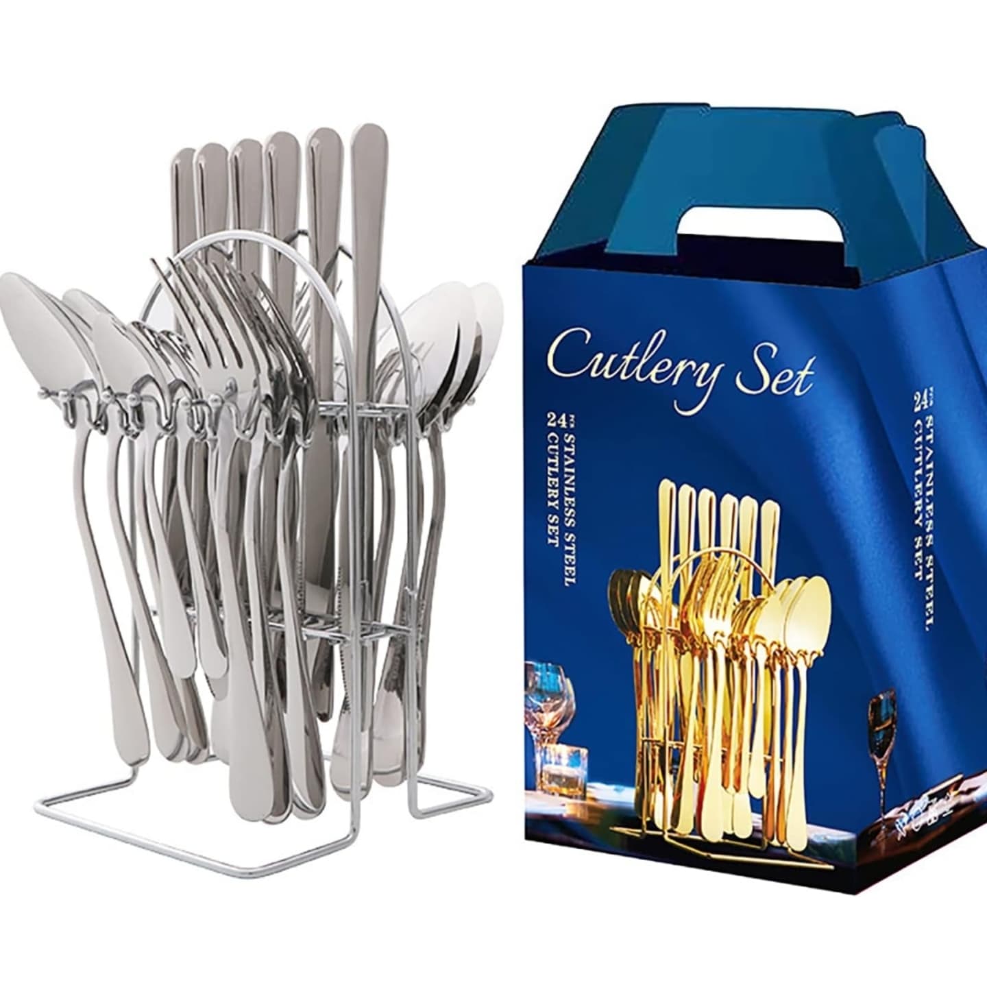 ORIGINAL 24-Piece Silver Stainless Steel Cutlery Set with Stand – Elegant Golden Spoon, Fork, and Knife Set for Dining, Kitchen, and Entertaining