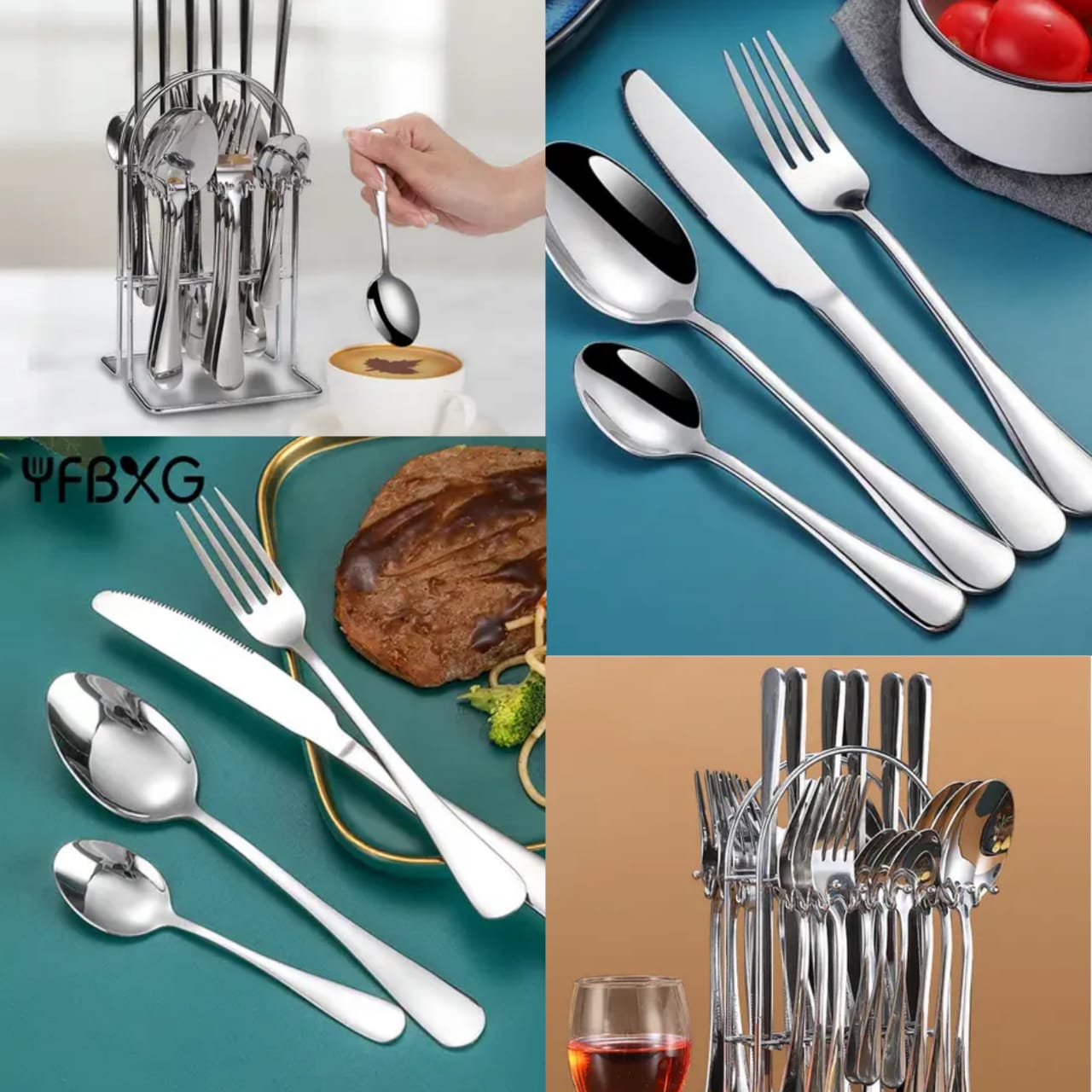 ORIGINAL 24-Piece Silver Stainless Steel Cutlery Set with Stand – Elegant Golden Spoon, Fork, and Knife Set for Dining, Kitchen, and Entertaining