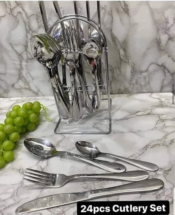 ORIGINAL 24-Piece Silver Stainless Steel Cutlery Set with Stand – Elegant Golden Spoon, Fork, and Knife Set for Dining, Kitchen, and Entertaining