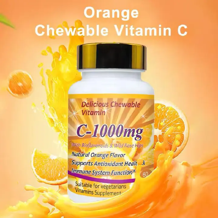 Natural Organic Ascorbic Acid Vegan Chewable Vitamin C Tablets Immune-boosting&antioxidant Tablets Vitamin C 1000mg Tablets for Skin Whitening Chewable Orange Flavor skin Whitening Tablets
