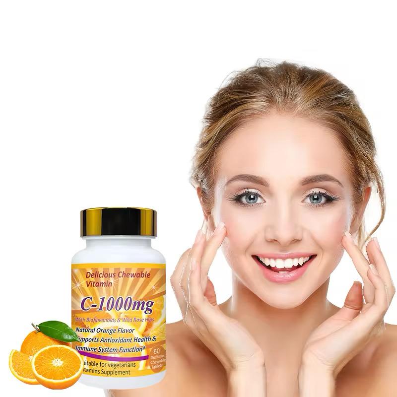Natural Organic Ascorbic Acid Vegan Chewable Vitamin C Tablets Immune-boosting&antioxidant Tablets Vitamin C 1000mg Tablets for Skin Whitening Chewable Orange Flavor skin Whitening Tablets