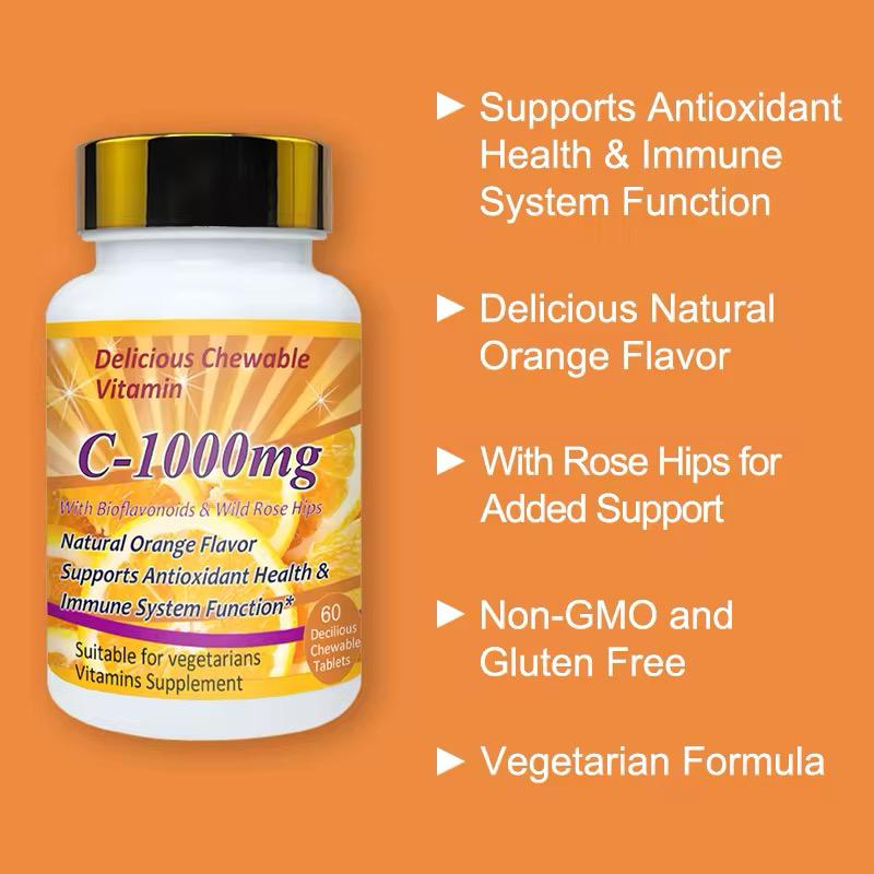 Natural Organic Ascorbic Acid Vegan Chewable Vitamin C Tablets Immune-boosting&antioxidant Tablets Vitamin C 1000mg Tablets for Skin Whitening Chewable Orange Flavor skin Whitening Tablets
