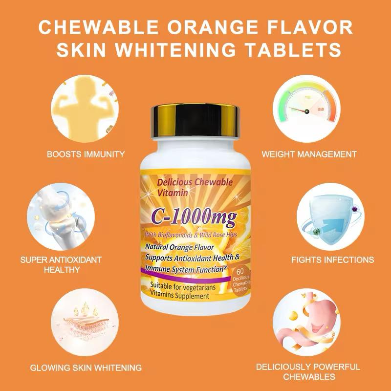 Natural Organic Ascorbic Acid Vegan Chewable Vitamin C Tablets Immune-boosting&antioxidant Tablets Vitamin C 1000mg Tablets for Skin Whitening Chewable Orange Flavor skin Whitening Tablets