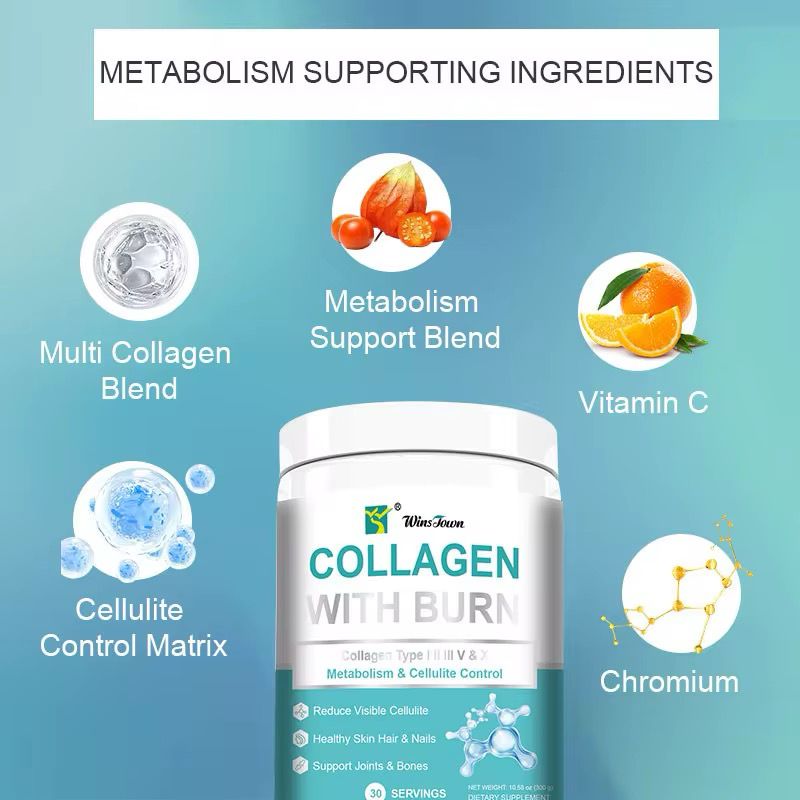 Winstown COLLAGEN WITH BURN metabolism cellulite control healthy skin hair nails joints bones Collagen powder burning. Each Serving Contains Types I, II, III, V And X Collagen Plus Hyaluronic
Acid