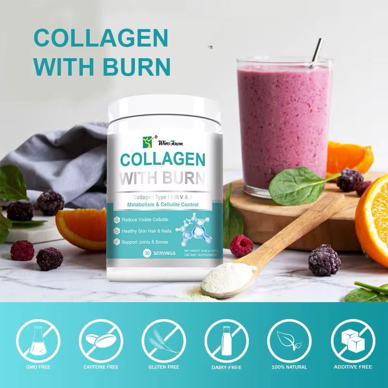Winstown COLLAGEN WITH BURN metabolism cellulite control healthy skin hair nails joints bones Collagen powder burning. Each Serving Contains Types I, II, III, V And X Collagen Plus Hyaluronic
Acid