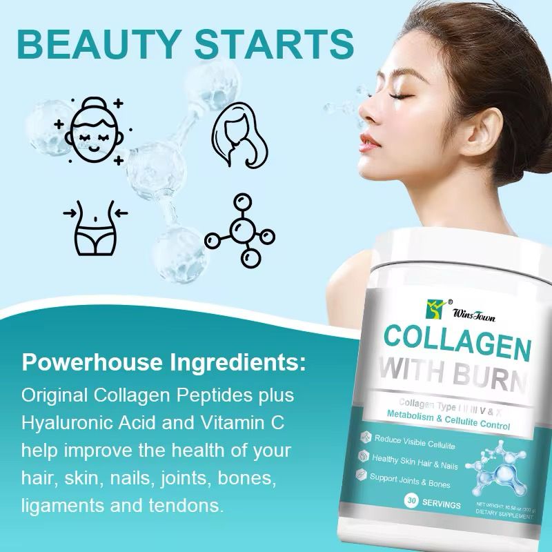 Winstown COLLAGEN WITH BURN metabolism cellulite control healthy skin hair nails joints bones Collagen powder burning. Each Serving Contains Types I, II, III, V And X Collagen Plus Hyaluronic
Acid