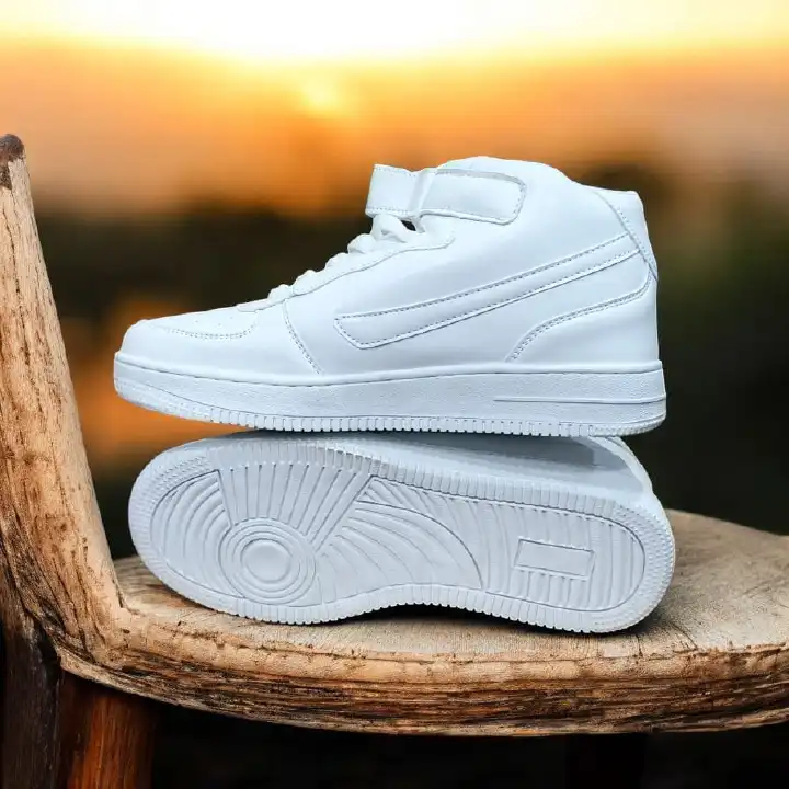 White High Top Sneakers. Velcro Strap High Top Sneakers. Unisex White High Top Sports Shoes. Classic White High-Top Sneakers with Adjustable Strap - Versatile Athletic Footwear for Everyday Style