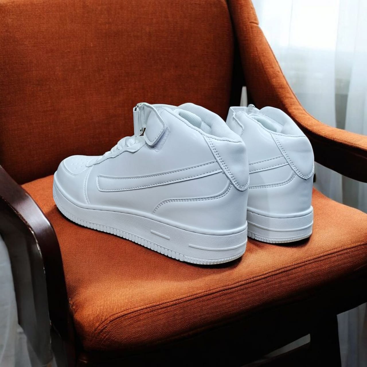 White High Top Sneakers. Velcro Strap High Top Sneakers. Unisex White High Top Sports Shoes. Classic White High-Top Sneakers with Adjustable Strap - Versatile Athletic Footwear for Everyday Style