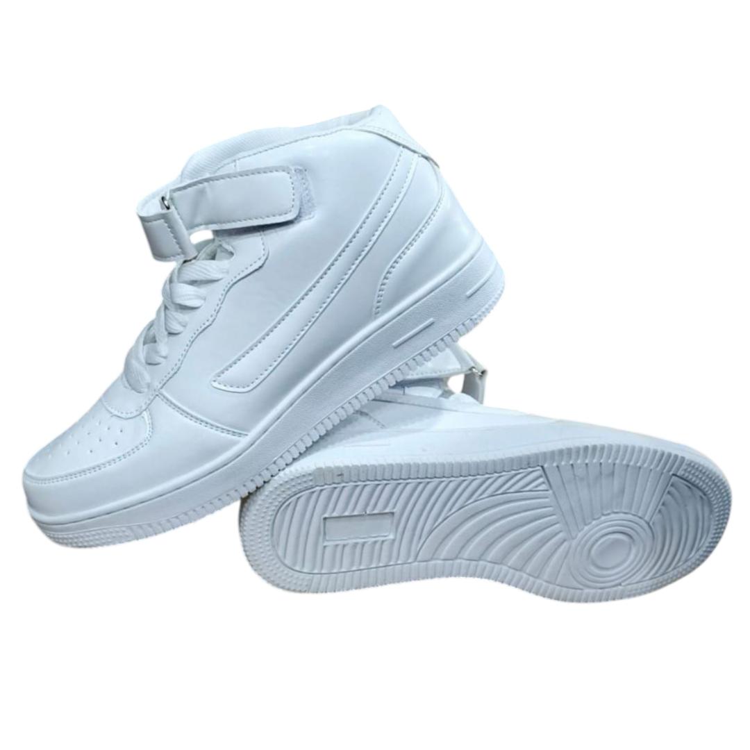 White High Top Sneakers. Velcro Strap High Top Sneakers. Unisex White High Top Sports Shoes. Classic White High-Top Sneakers with Adjustable Strap - Versatile Athletic Footwear for Everyday Style