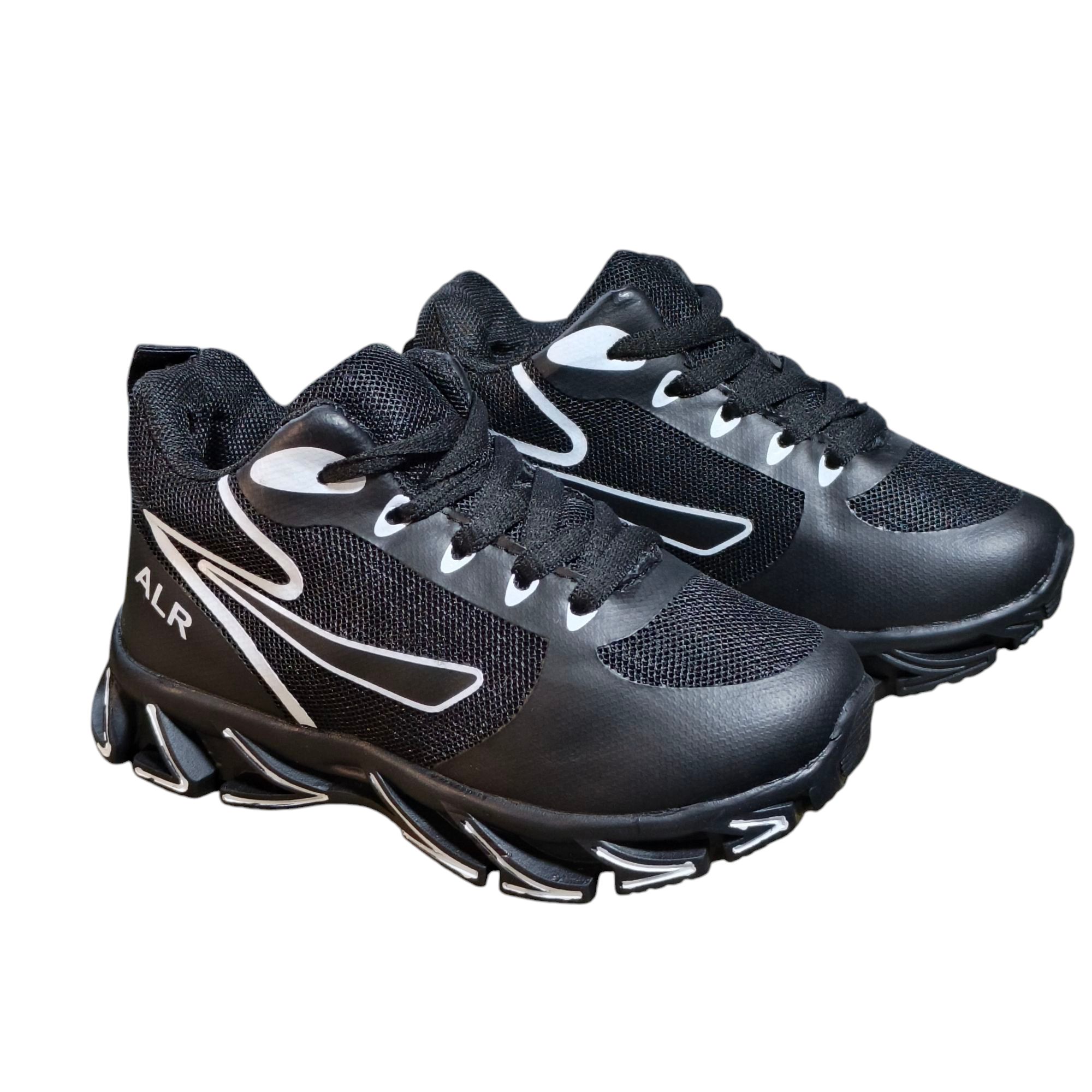 ALR V-Design Athletic kids Shoes. The shoes feature a black color scheme with white, gold,red and orange accents. Suitable for sports and averyday wear.
