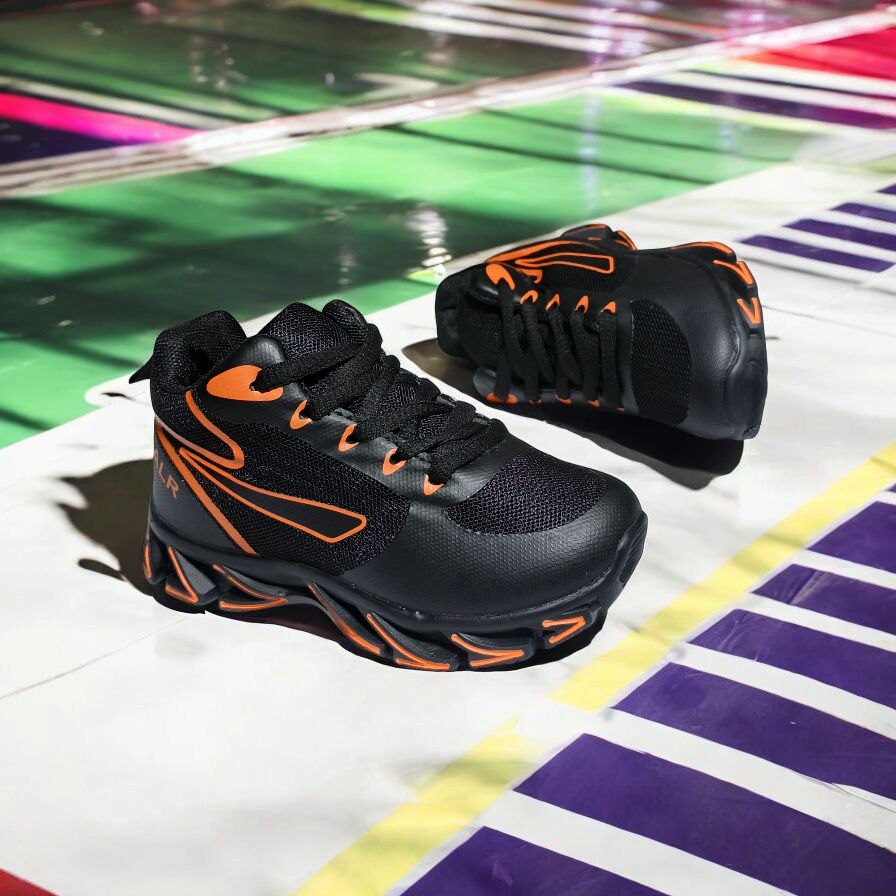 ALR V-Design Athletic kids Shoes. The shoes feature a black color scheme with white, gold,red and orange accents. Suitable for sports and averyday wear.