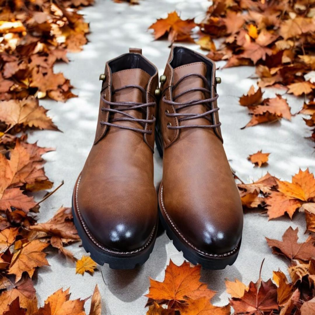 Lacazette Fashion Men's Brown Leather Casual Boots. Men's Tan Brown Mid-Top Leather Boots, Lace-Up Ankle Boots for Men. Versatile Brown Leather Boots for Everyday Wear.