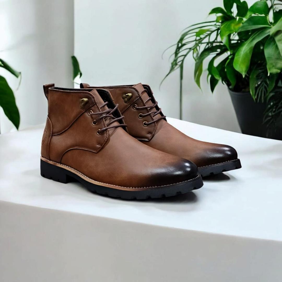 Lacazette Fashion Men's Brown Leather Casual Boots. Men's Tan Brown Mid-Top Leather Boots, Lace-Up Ankle Boots for Men. Versatile Brown Leather Boots for Everyday Wear.