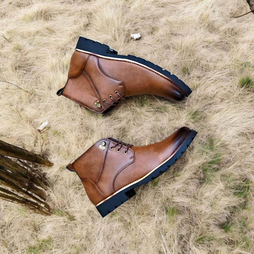 Lacazette Fashion Men's Brown Leather Casual Boots. Men's Tan Brown Mid-Top Leather Boots, Lace-Up Ankle Boots for Men. Versatile Brown Leather Boots for Everyday Wear.