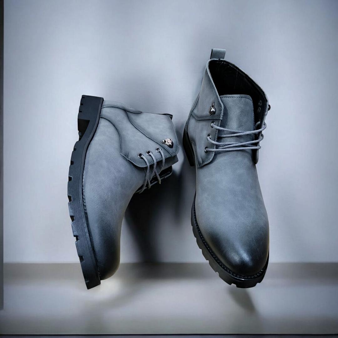Lacazette Fashion Men's Grey Leather Casual Boots. Men's Grey Mid-Top Leather Boots, Lace-Up Ankle Boots for Men. Versatile Grey Leather Boots for Everyday Wear.