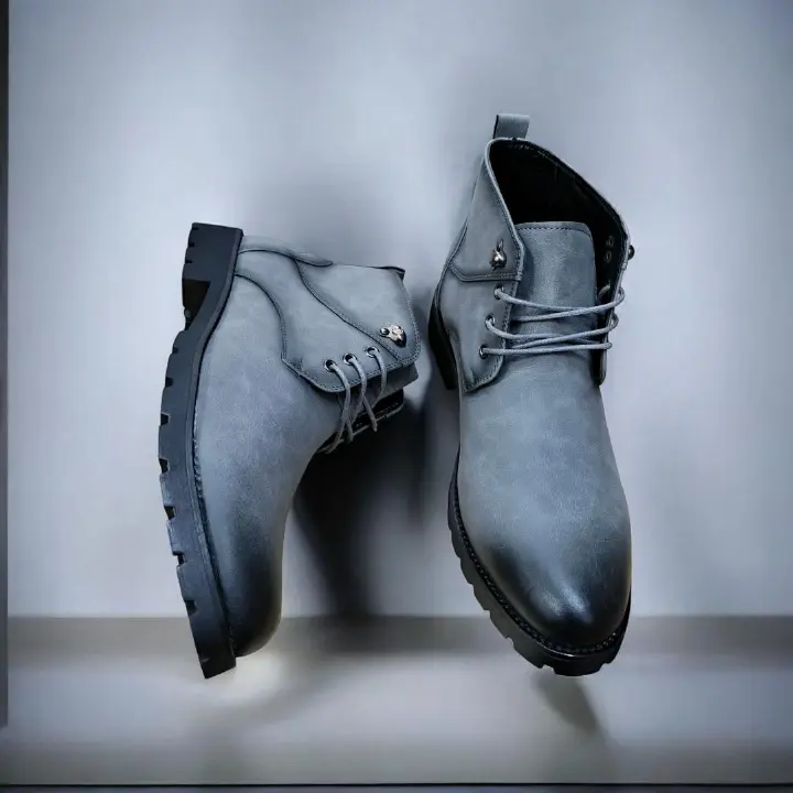 Lacazette Fashion Men's Grey Leather Casual Boots. Men's Grey Mid-Top Leather Boots, Lace-Up Ankle Boots for Men. Versatile Grey Leather Boots for Everyday Wear.