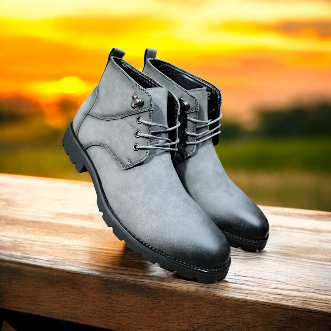 Lacazette Fashion Men's Grey Leather Casual Boots. Men's Grey Mid-Top Leather Boots, Lace-Up Ankle Boots for Men. Versatile Grey Leather Boots for Everyday Wear.