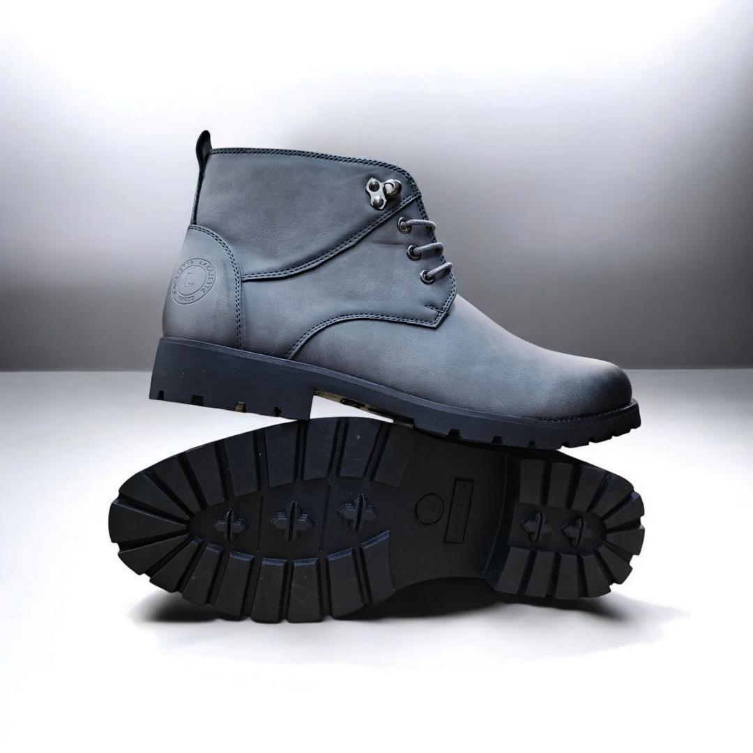 Lacazette Fashion Men's Grey Leather Casual Boots. Men's Grey Mid-Top Leather Boots, Lace-Up Ankle Boots for Men. Versatile Grey Leather Boots for Everyday Wear.