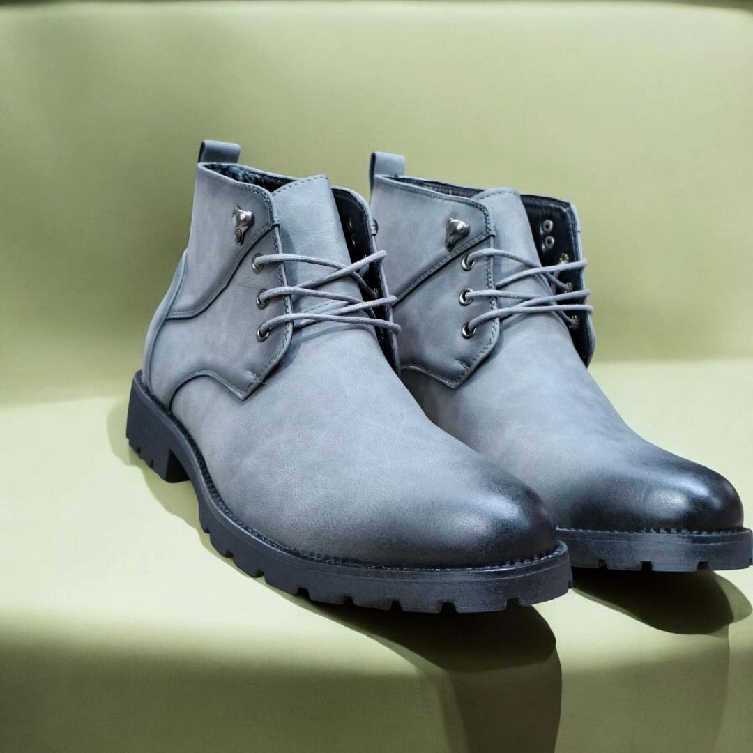 Lacazette Fashion Men's Grey Leather Casual Boots. Men's Grey Mid-Top Leather Boots, Lace-Up Ankle Boots for Men. Versatile Grey Leather Boots for Everyday Wear.