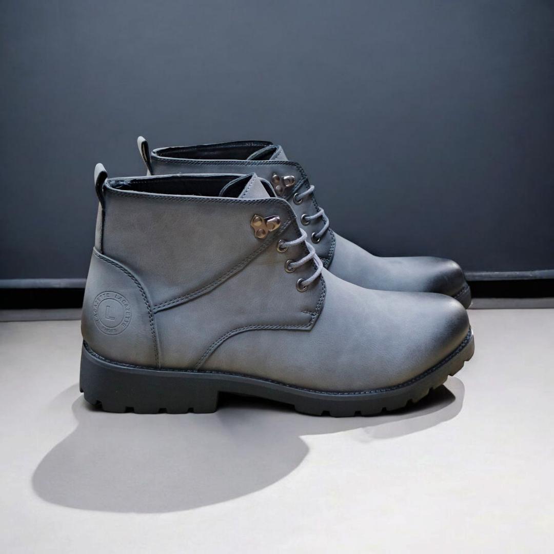 Lacazette Fashion Men's Grey Leather Casual Boots. Men's Grey Mid-Top Leather Boots, Lace-Up Ankle Boots for Men. Versatile Grey Leather Boots for Everyday Wear.