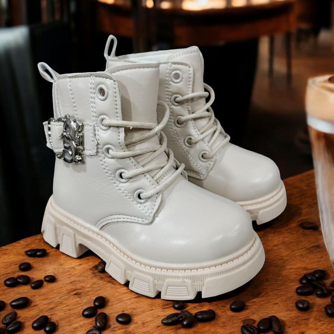 Children's Fashion Ankle Boots in Light Pink, grey, beige, peach, black and White. Toddler Girl's Lug Sole Boots with Buckle. Kids' Lace-up Boots with Rhinestone Buckle. Stylish multicolored  Boots.