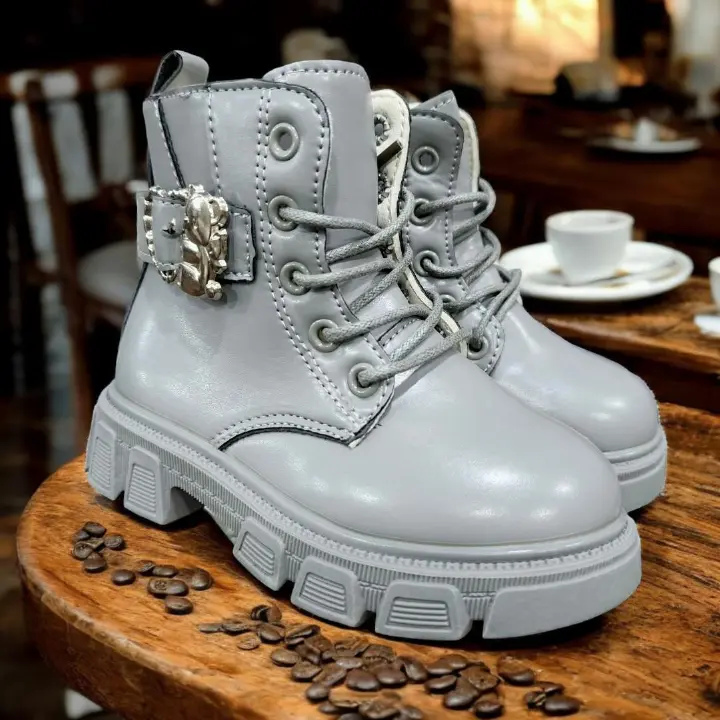 Children's Fashion Ankle Boots in Light Pink, grey, beige, peach, black and White. Toddler Girl's Lug Sole Boots with Buckle. Kids' Lace-up Boots with Rhinestone Buckle. Stylish multicolored  Boots.