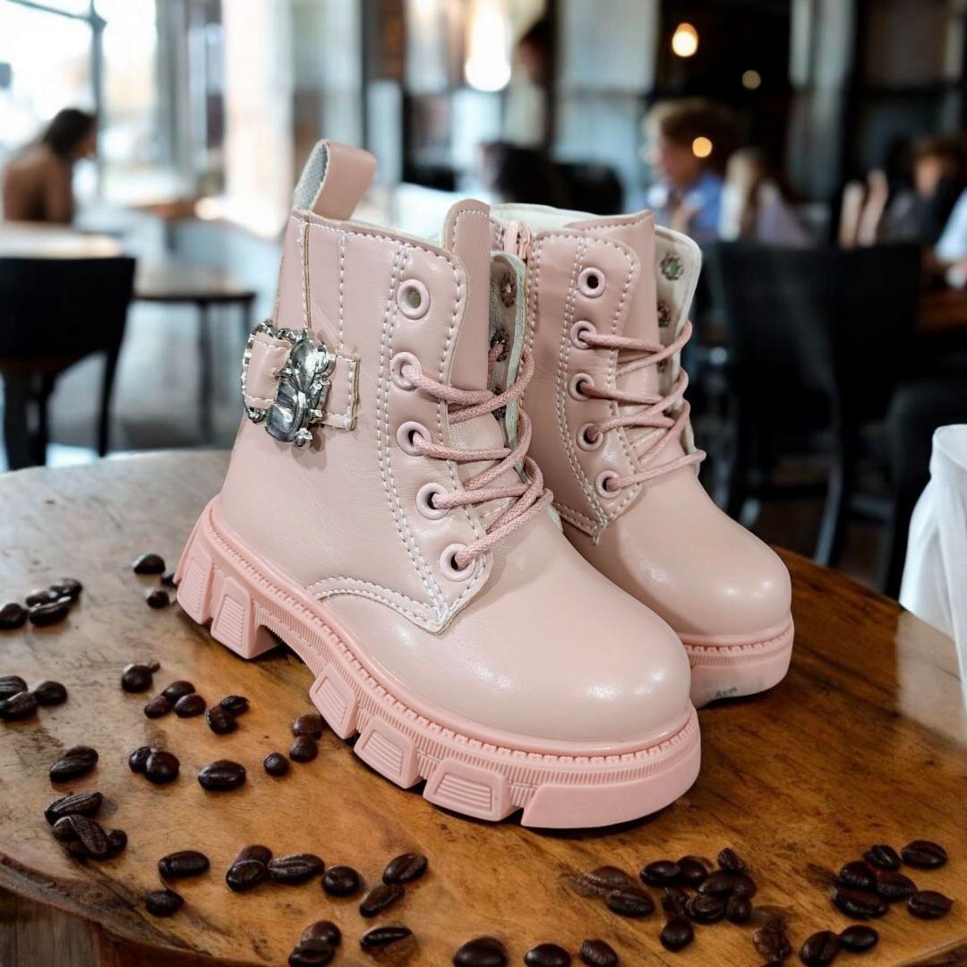 Children's Fashion Ankle Boots in Light Pink, grey, beige, peach, black and White. Toddler Girl's Lug Sole Boots with Buckle. Kids' Lace-up Boots with Rhinestone Buckle. Stylish multicolored  Boots.