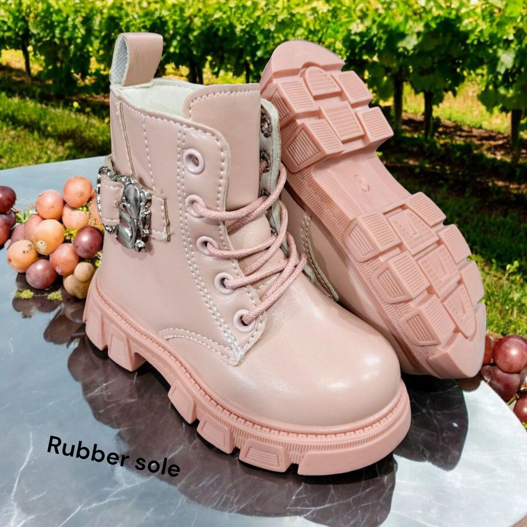 Children's Fashion Ankle Boots in Light Pink, grey, beige, peach, black and White. Toddler Girl's Lug Sole Boots with Buckle. Kids' Lace-up Boots with Rhinestone Buckle. Stylish multicolored  Boots.
