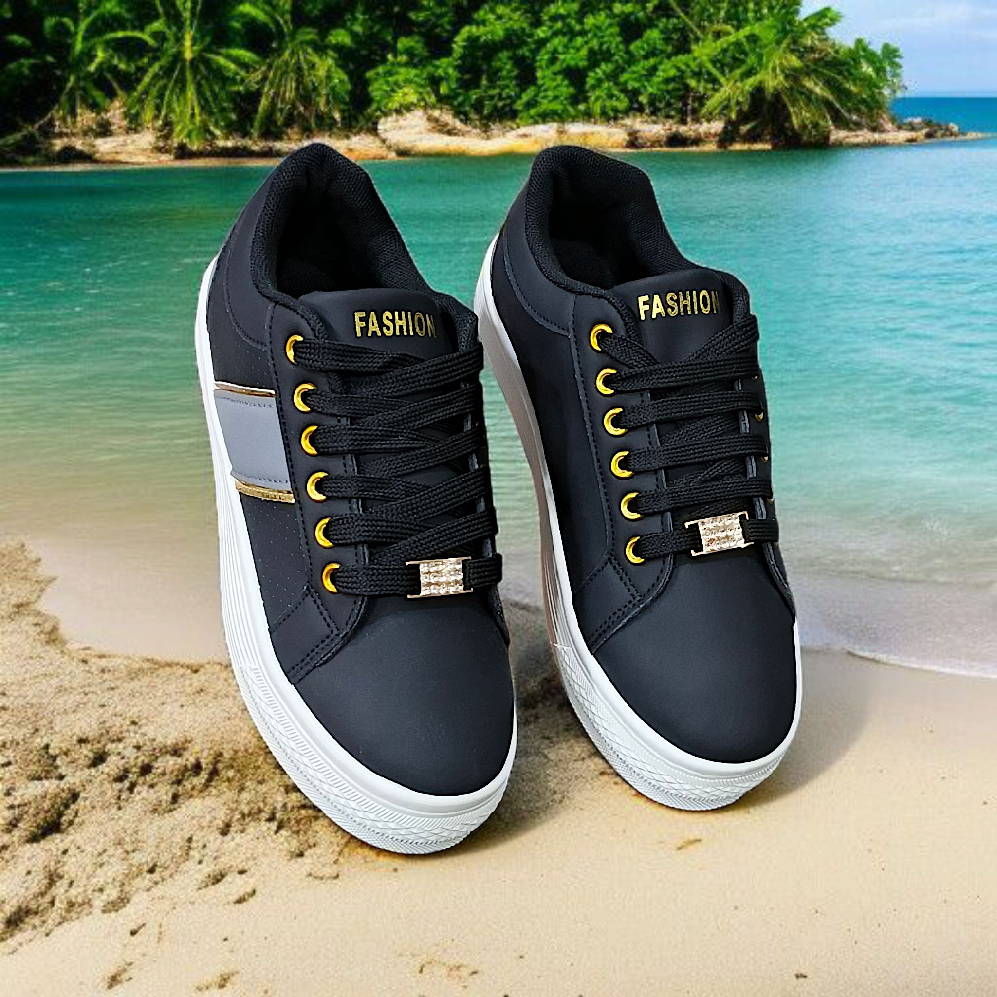 Stylish casual sneakers for ladies. Fashionable blue, white and black sneakers. Comfortable platform, trendy Lace-up sneakers, versatile, modern casual shoes, urban style everyday sneakers.