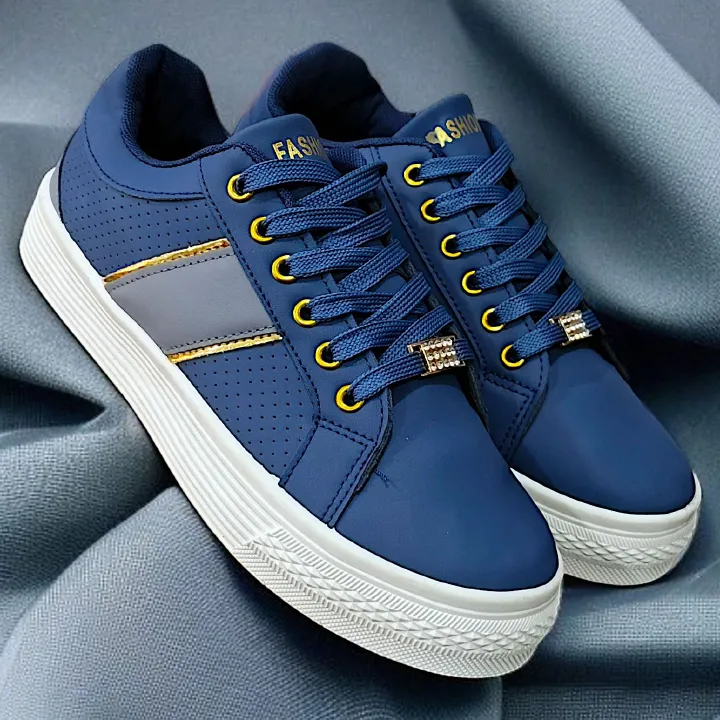 Stylish casual sneakers for ladies. Fashionable blue, white and black sneakers. Comfortable platform, trendy Lace-up sneakers, versatile, modern casual shoes, urban style everyday sneakers.