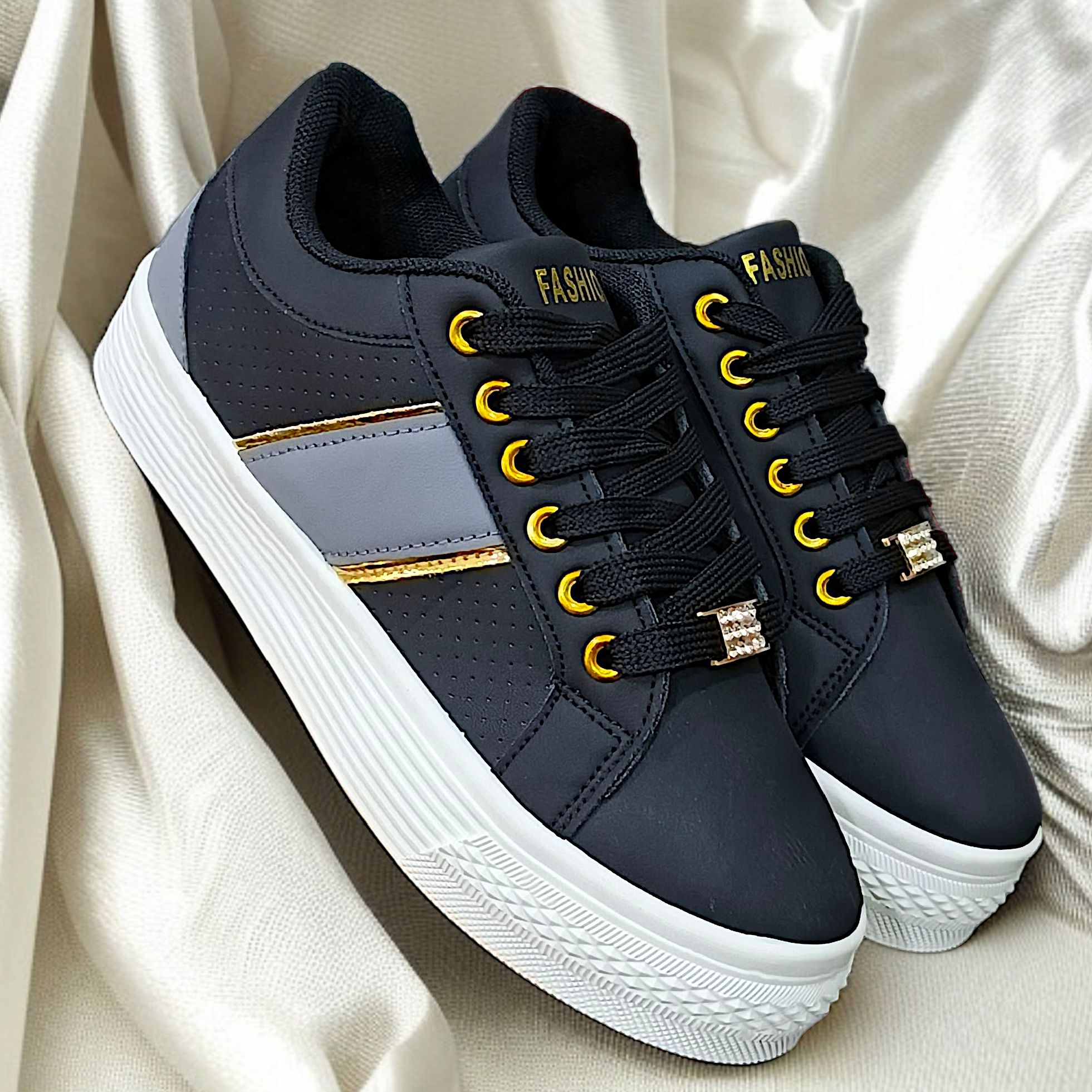 Stylish casual sneakers for ladies. Fashionable blue, white and black sneakers. Comfortable platform, trendy Lace-up sneakers, versatile, modern casual shoes, urban style everyday sneakers.