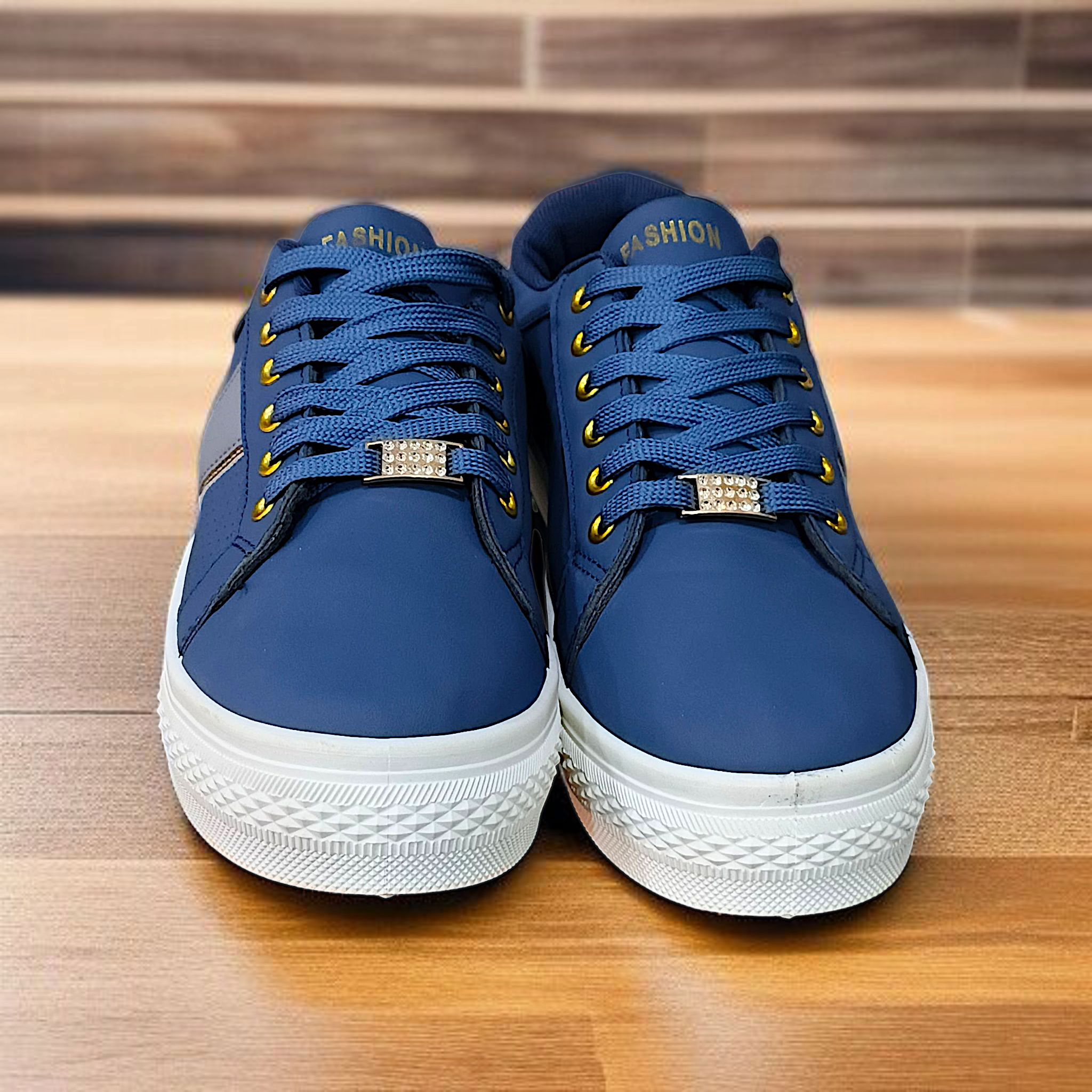 Stylish casual sneakers for ladies. Fashionable blue, white and black sneakers. Comfortable platform, trendy Lace-up sneakers, versatile, modern casual shoes, urban style everyday sneakers.