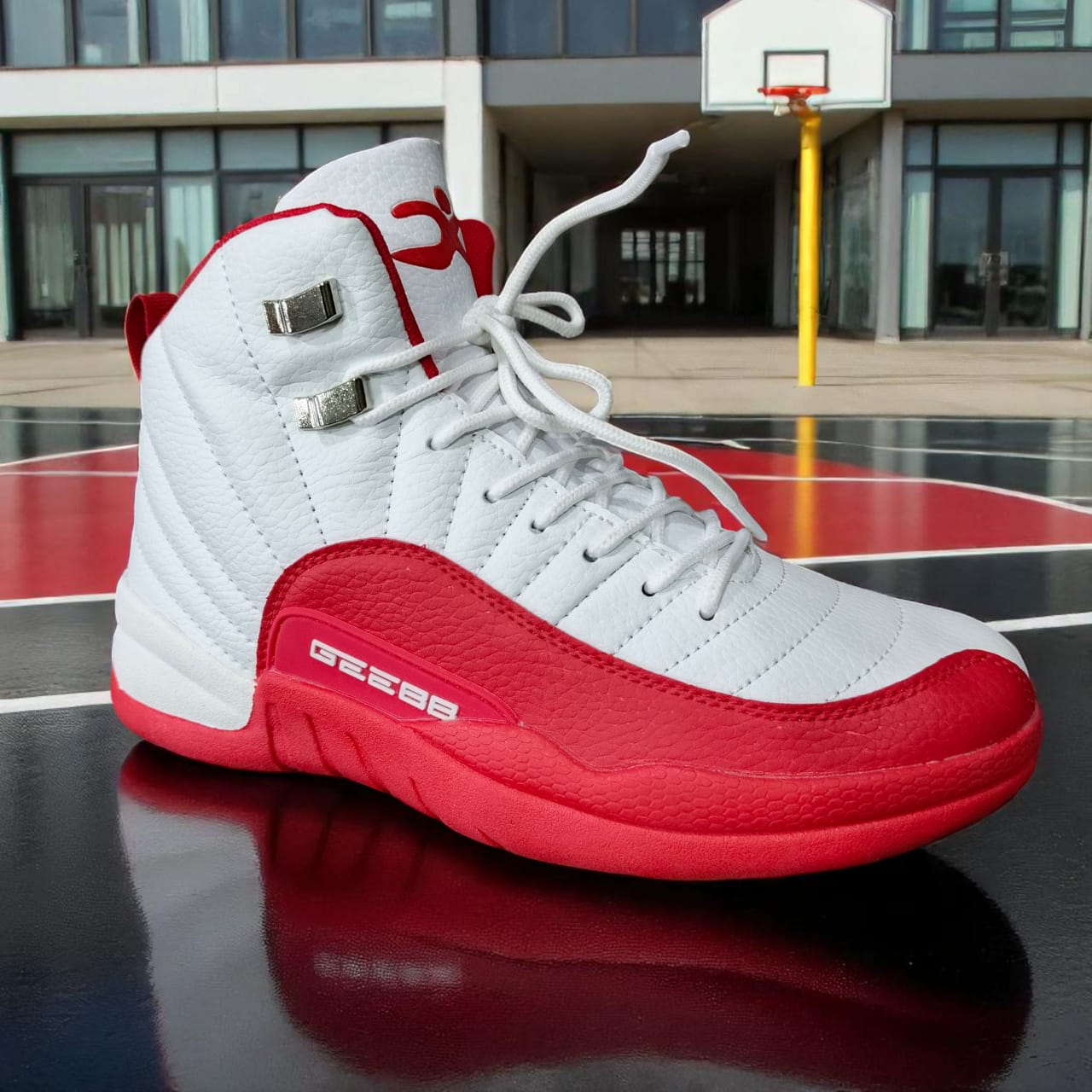 Classic High-top black , red, blue and white Basketball sneakers. Two-Tone Retro leather court sneakers. Monochrome Basketball sneakers with metallic accent. Timeless swagger, Bold streetwear. The com