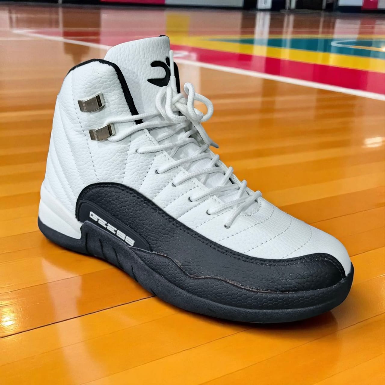 Classic High-top black , red, blue and white Basketball sneakers. Two-Tone Retro leather court sneakers. Monochrome Basketball sneakers with metallic accent. Timeless swagger, Bold streetwear. The com
