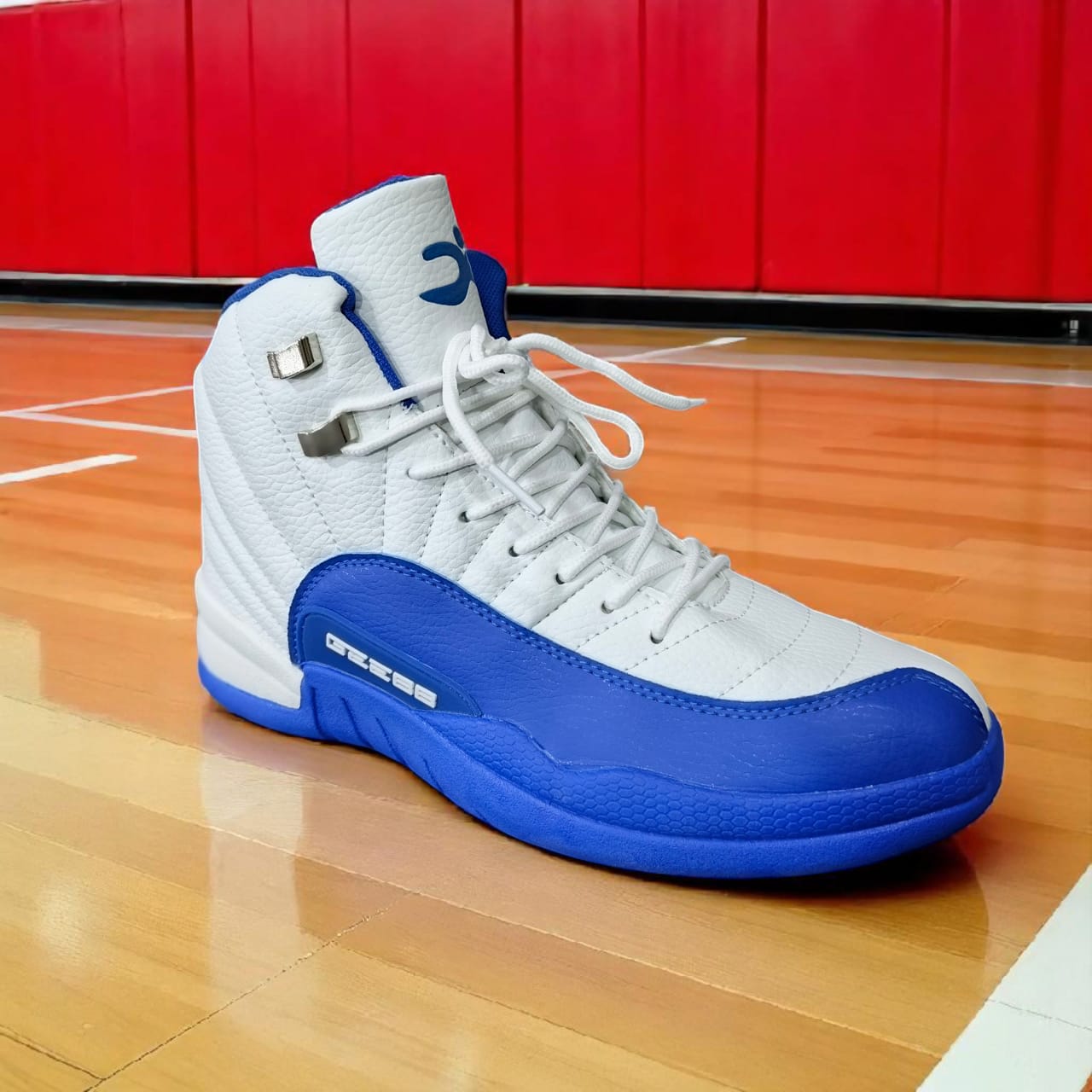 Classic High-top black , red, blue and white Basketball sneakers. Two-Tone Retro leather court sneakers. Monochrome Basketball sneakers with metallic accent. Timeless swagger, Bold streetwear. The com