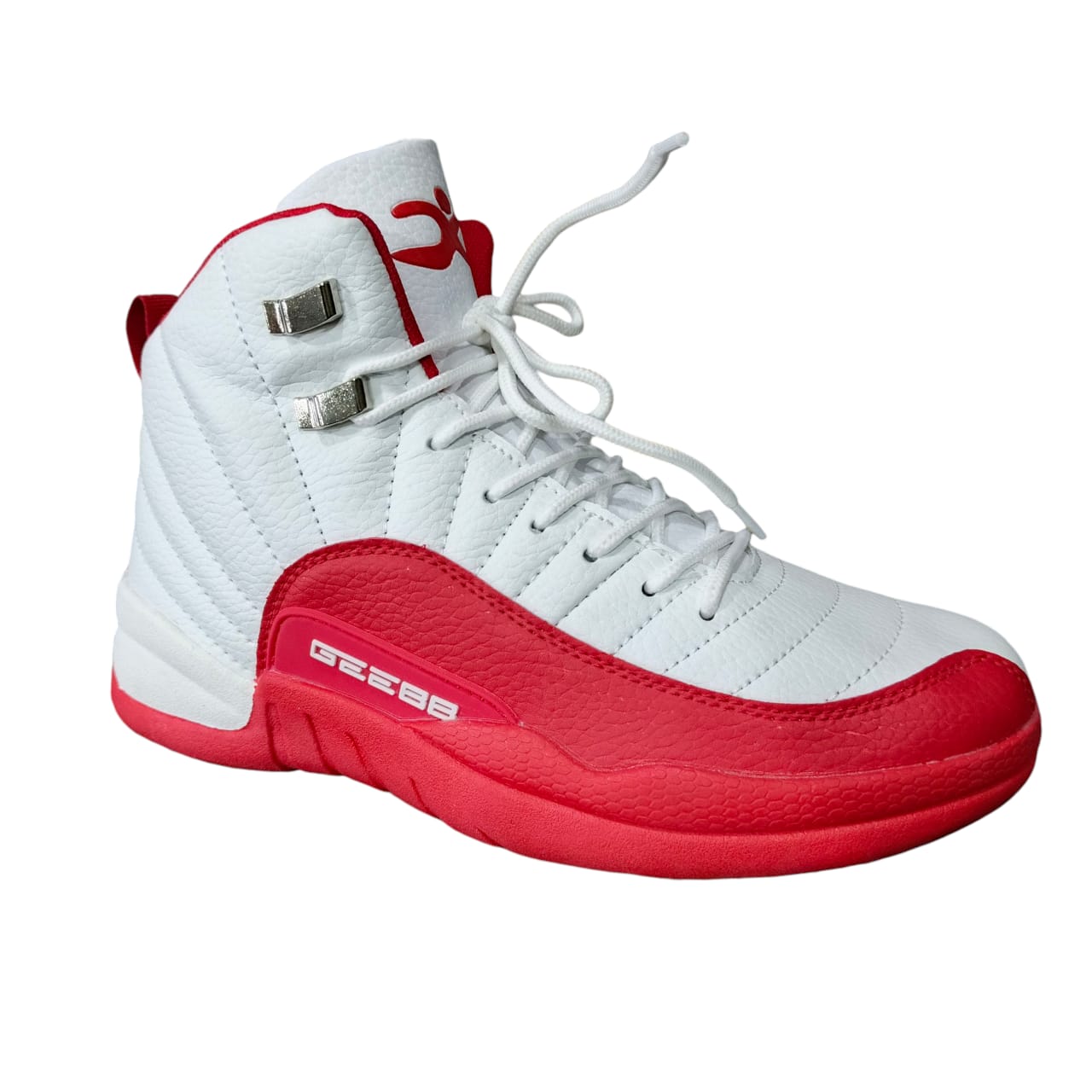 Classic High-top black , red, blue and white Basketball sneakers. Two-Tone Retro leather court sneakers. Monochrome Basketball sneakers with metallic accent. Timeless swagger, Bold streetwear. The com