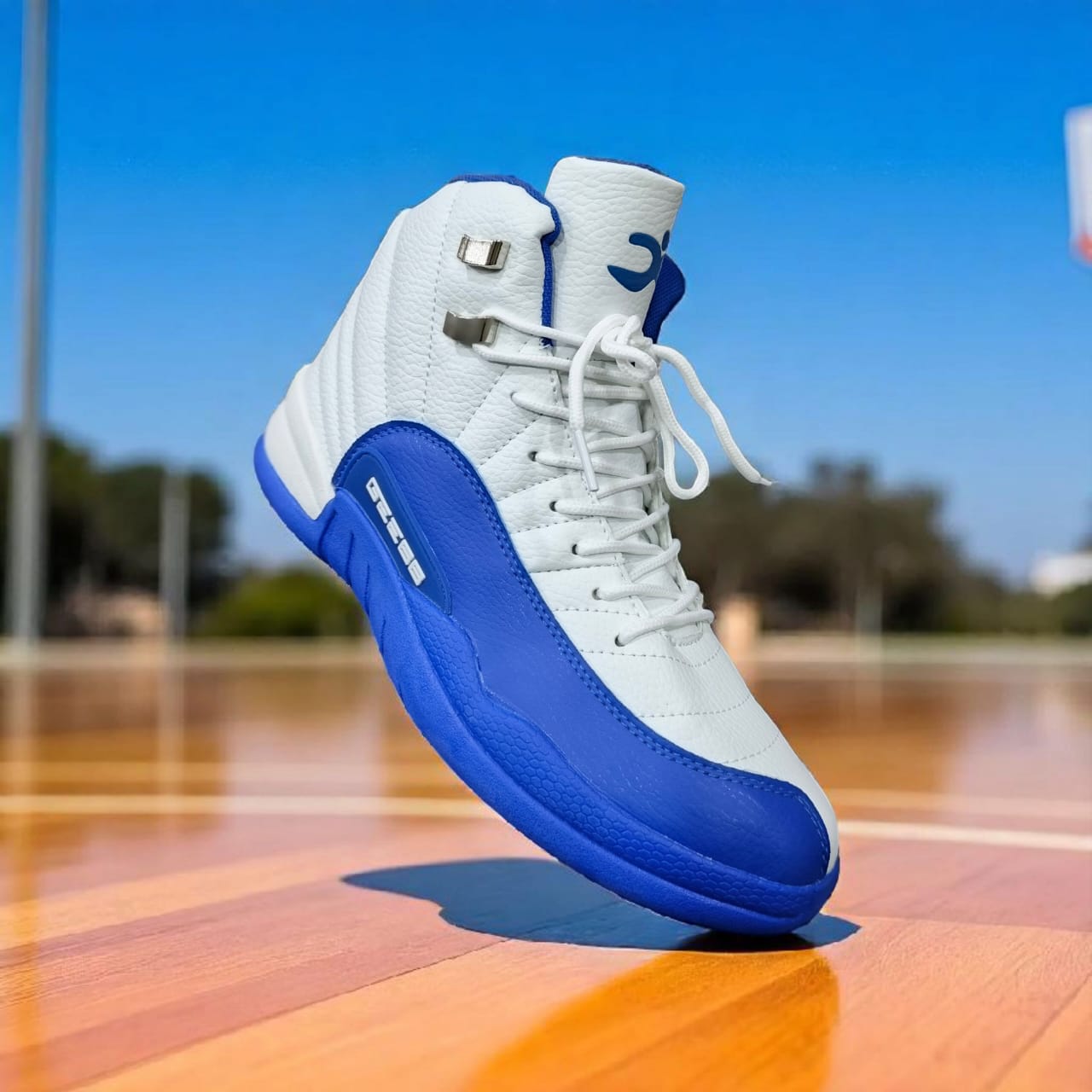 Classic High-top black , red, blue and white Basketball sneakers. Two-Tone Retro leather court sneakers. Monochrome Basketball sneakers with metallic accent. Timeless swagger, Bold streetwear. The com