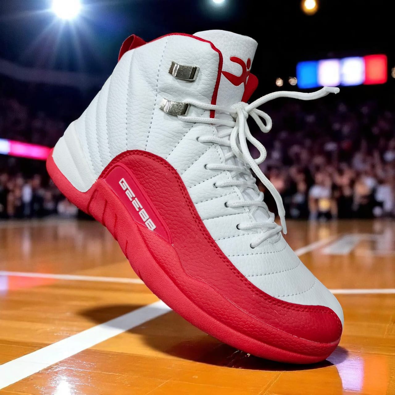 Classic High-top black , red, blue and white Basketball sneakers. Two-Tone Retro leather court sneakers. Monochrome Basketball sneakers with metallic accent. Timeless swagger, Bold streetwear. The com