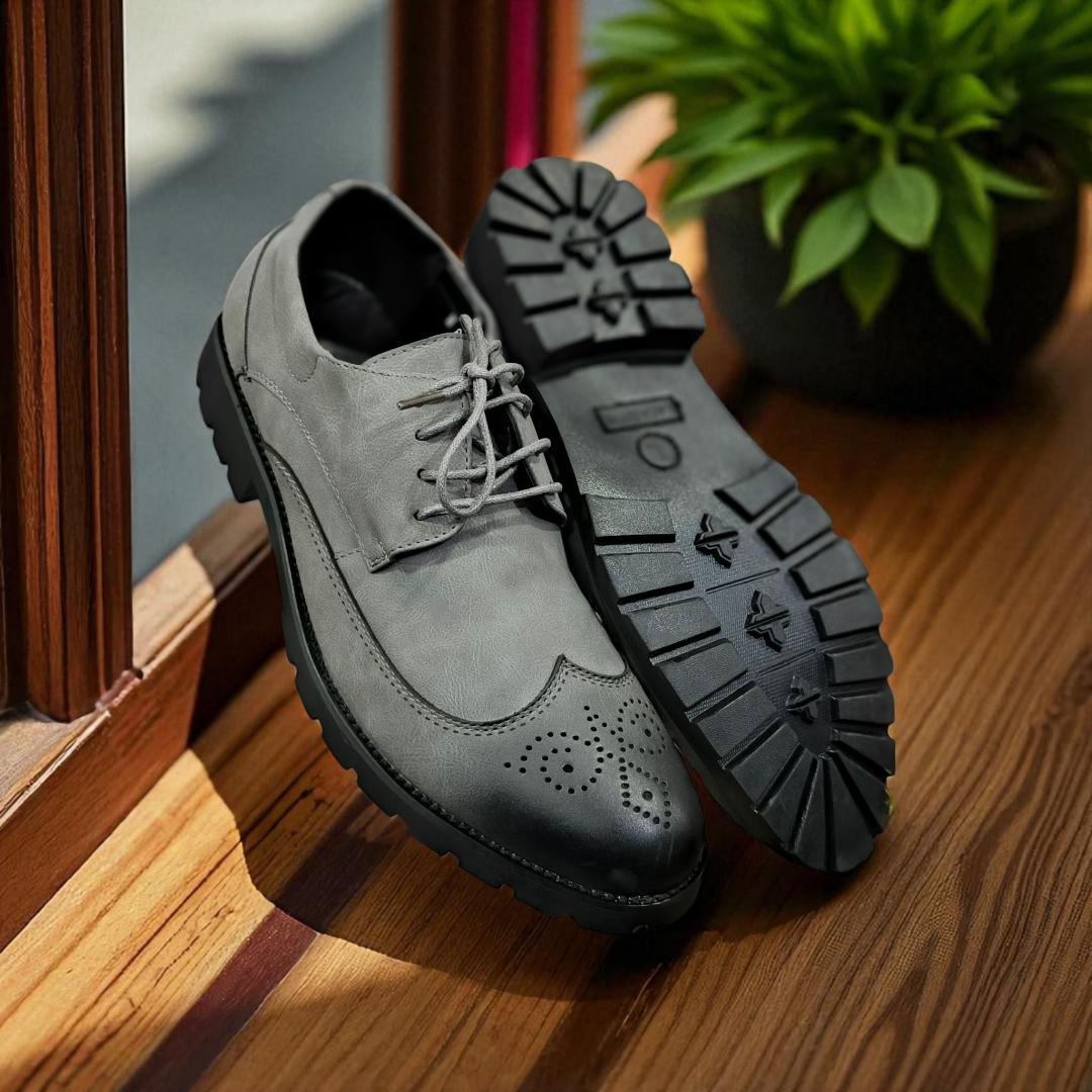 Men's Classic Brogue Oxford Shoes, Grey Leather Elegance. From Boardroom to Boulevard, All Terrain Leather Brogues. Timeless Steps, Your Everyday Smart Casual and official Companion shoes.