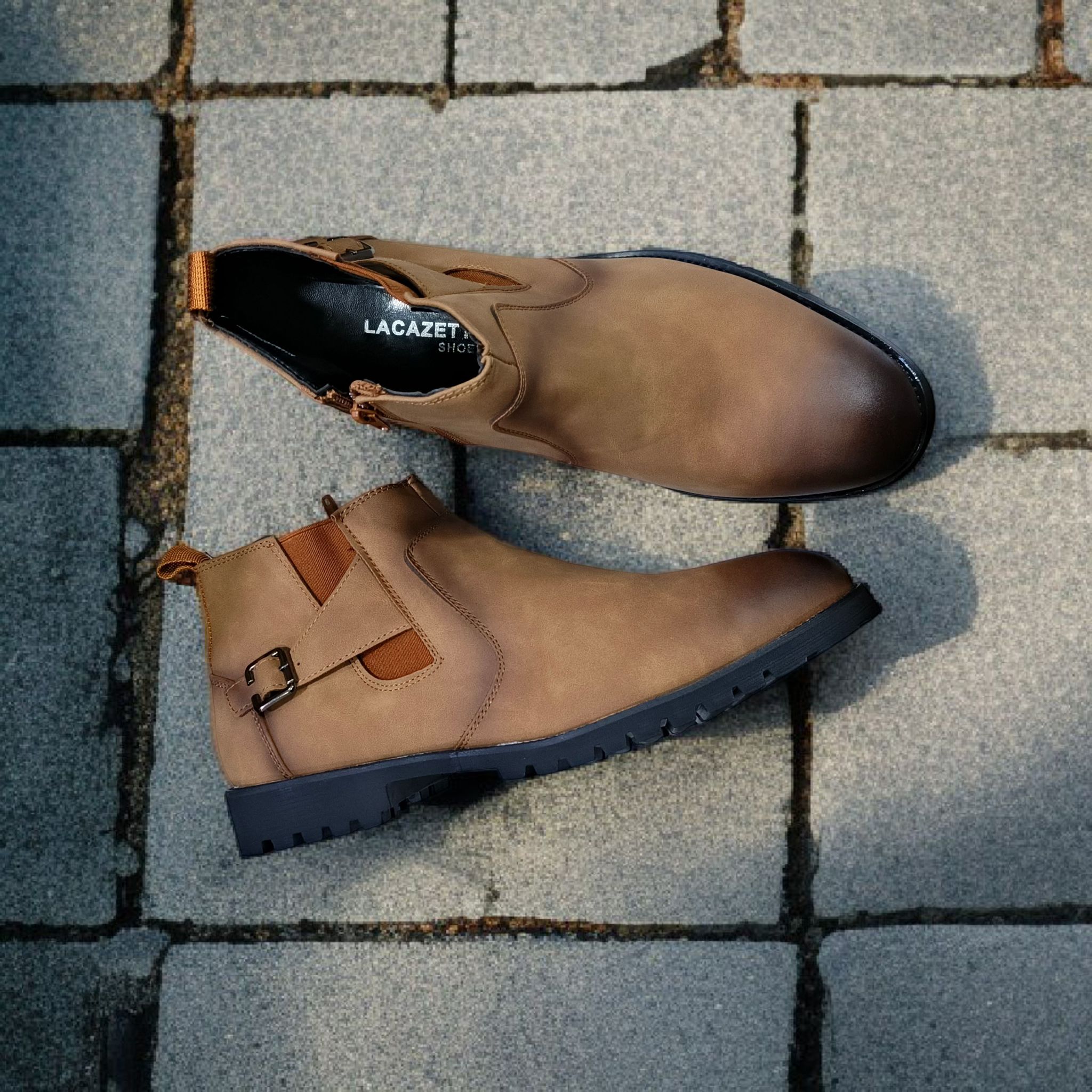 Men’s Premium Tan Chelsea Boots with Side Zipper & Buckle. Stylish Leather Ankle Boots for Men. Slip-On Style with Buckle, durable Urban style. Everyday Tan Chelsea Boots for Men.
