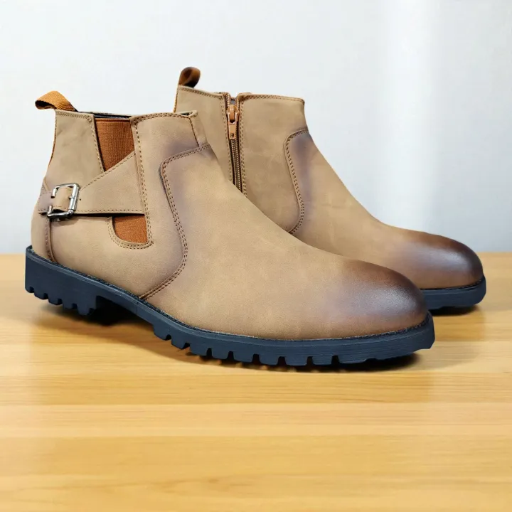 Men’s Premium Tan Chelsea Boots with Side Zipper & Buckle. Stylish Leather Ankle Boots for Men. Slip-On Style with Buckle, durable Urban style. Everyday Tan Chelsea Boots for Men.