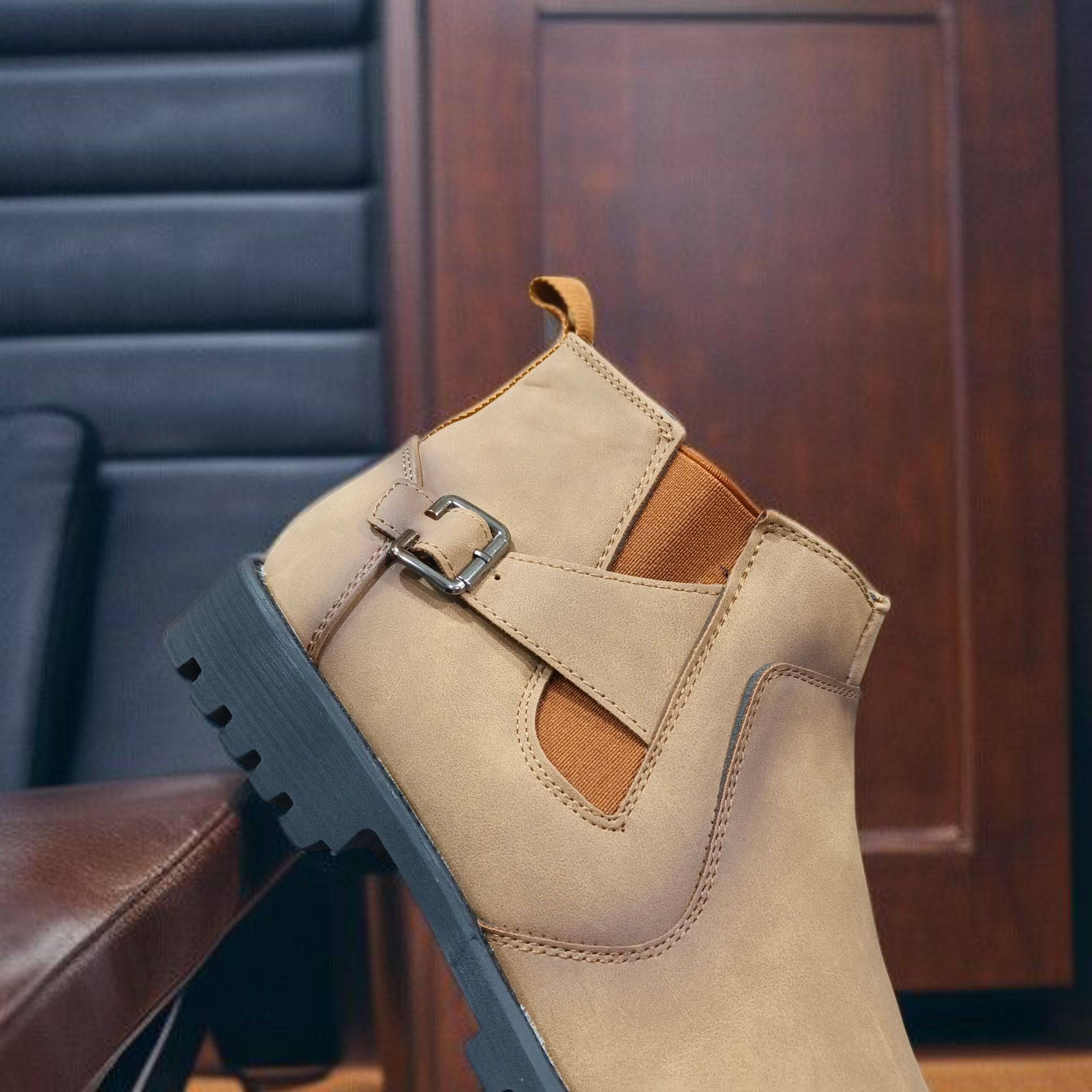 Men’s Premium Tan Chelsea Boots with Side Zipper & Buckle. Stylish Leather Ankle Boots for Men. Slip-On Style with Buckle, durable Urban style. Everyday Tan Chelsea Boots for Men.