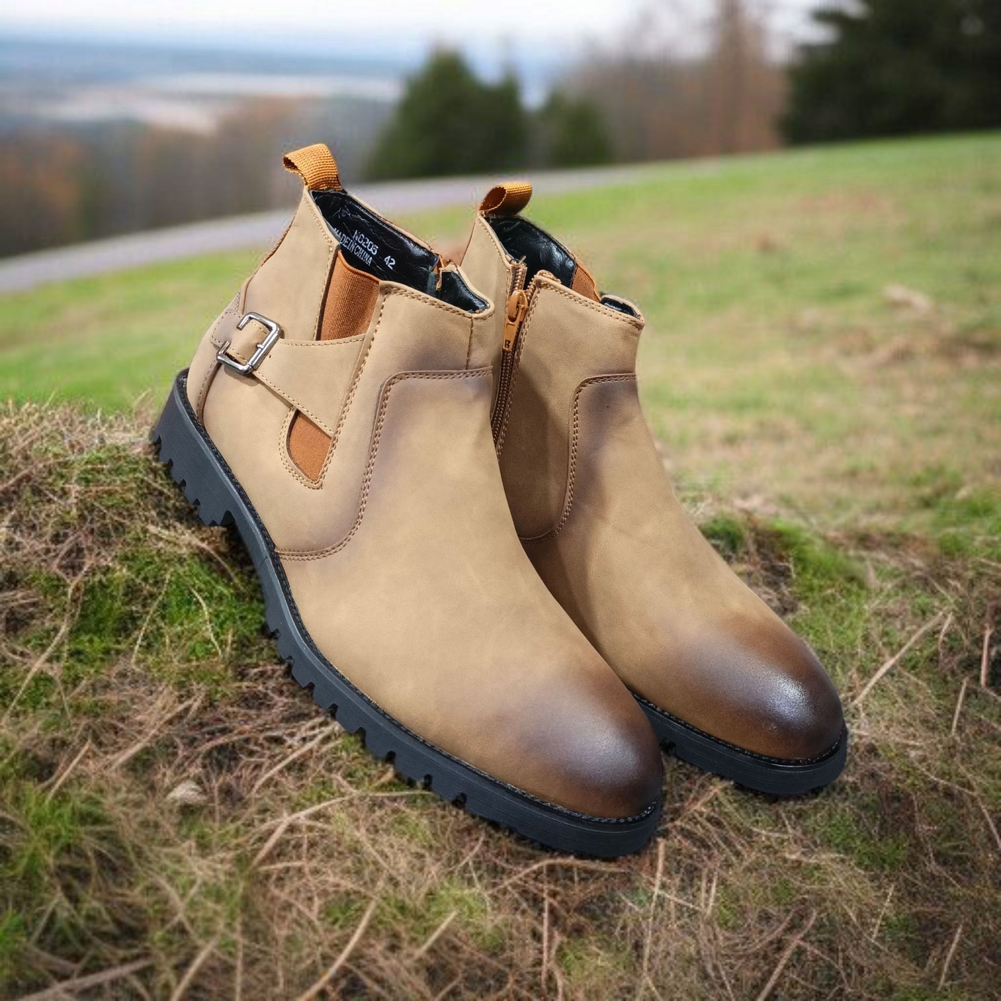 Men’s Premium Tan Chelsea Boots with Side Zipper & Buckle. Stylish Leather Ankle Boots for Men. Slip-On Style with Buckle, durable Urban style. Everyday Tan Chelsea Boots for Men.