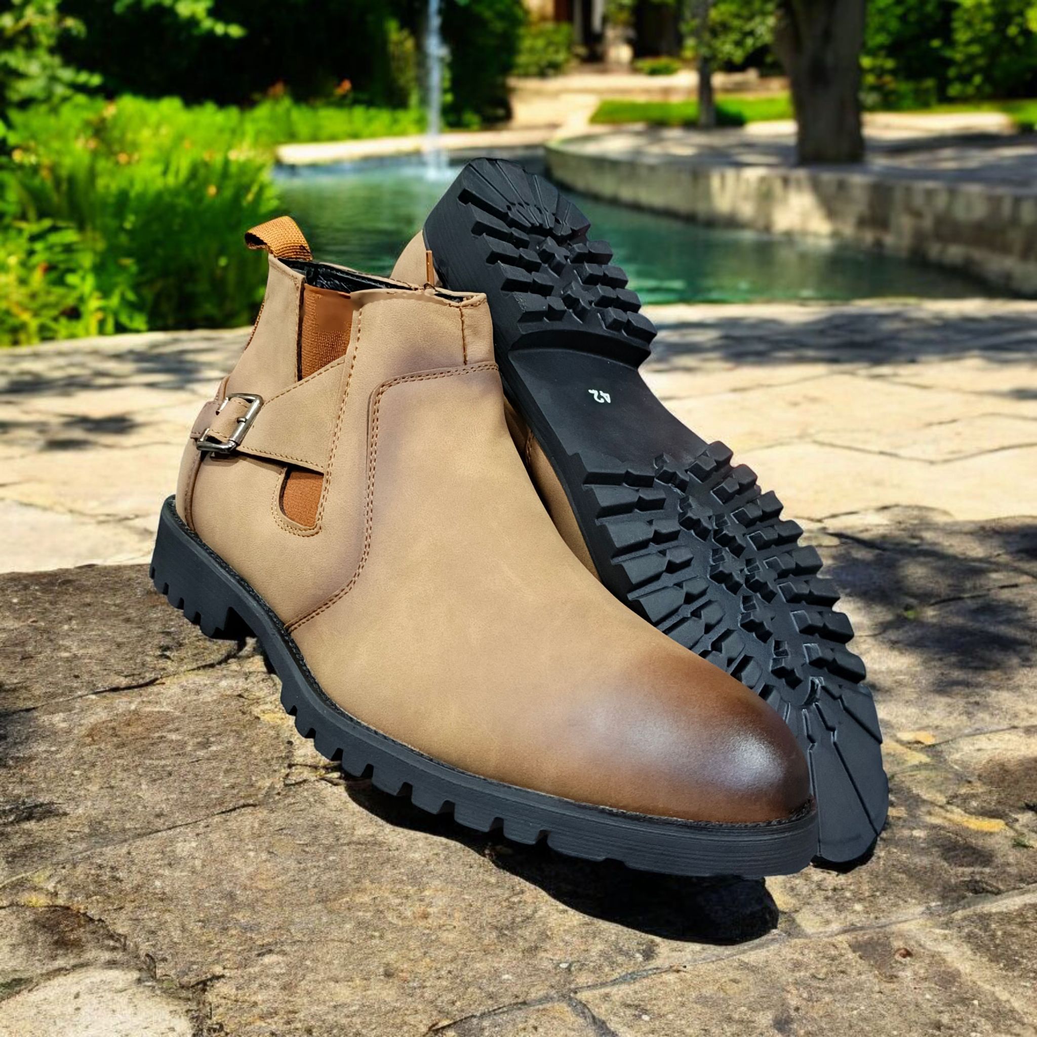 Men’s Premium Tan Chelsea Boots with Side Zipper & Buckle. Stylish Leather Ankle Boots for Men. Slip-On Style with Buckle, durable Urban style. Everyday Tan Chelsea Boots for Men.